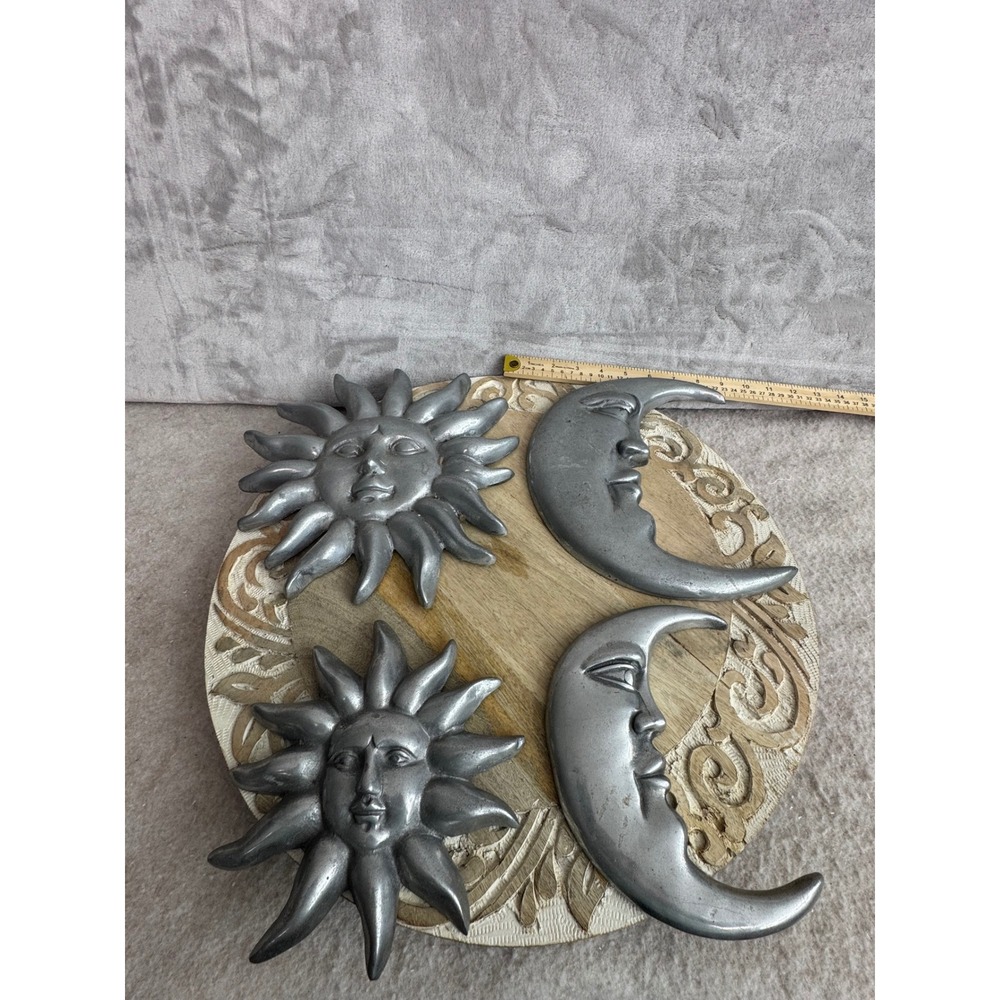 Vintage Pewter Metal Sun and Moon Celestial Wall Decor Set of 4 Pewter Tone